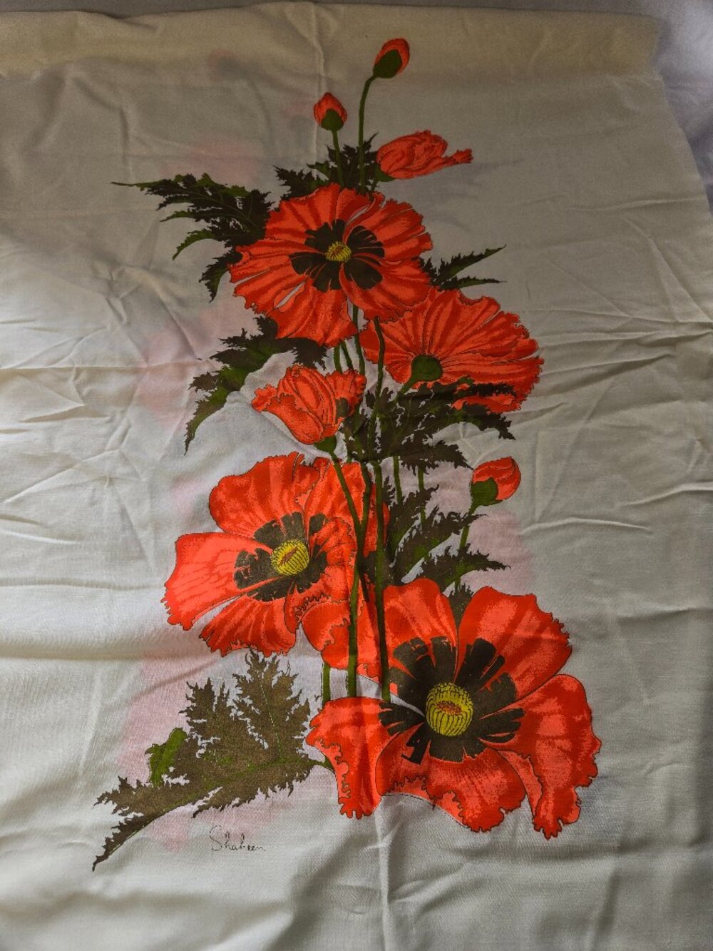 Vintage Alfred Shaheen 1960s Hand Printed 2 Panel Linen Fabric Poppy Flower